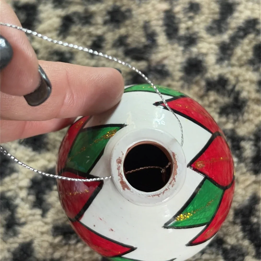Hand Painted Floral - Clay Terra Cotta Ornament Ball Mexico -‎ Poinsetta Holiday
